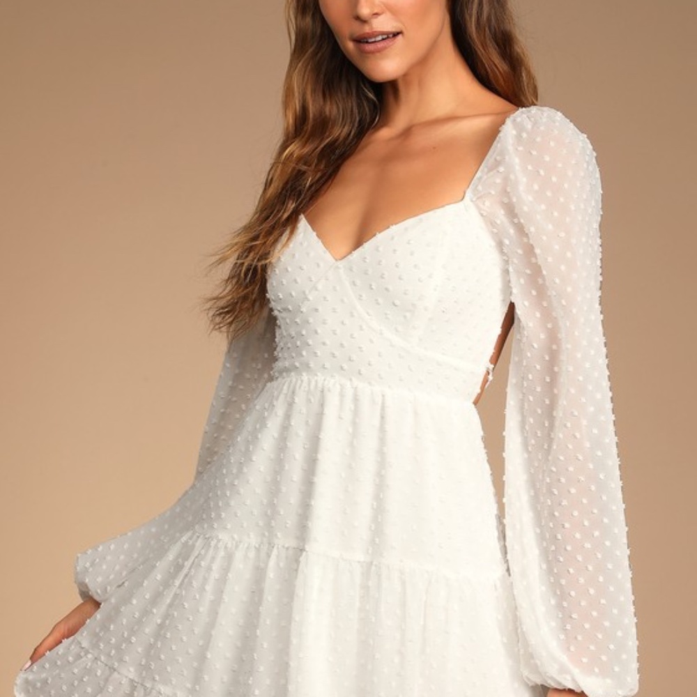 Lulus Longing And Love White Swiss Dot Puff Long Sleeve Mini Dress - Size L